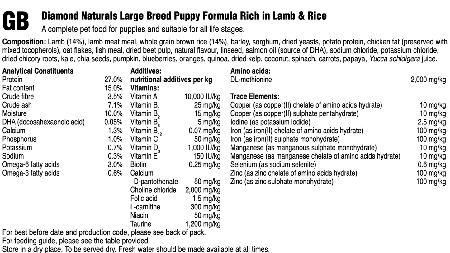 Diamond Naturals Large Breed hvolpa- og fullorðinsfóður - Lamb 15kg
