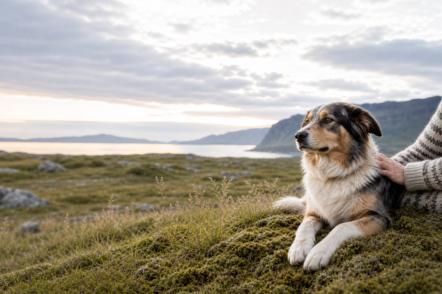 Rólegur hundur í íslensku landslagi með eiganda sér við hlið