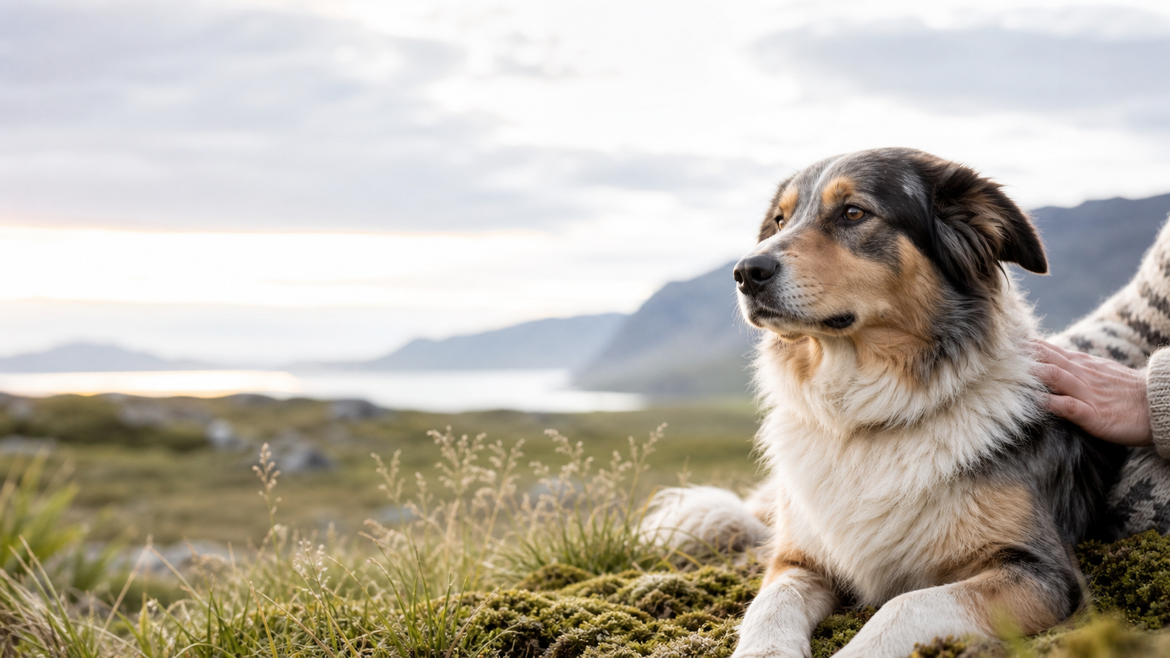 Rólegur hundur í íslensku landslagi með eiganda sér við hlið
