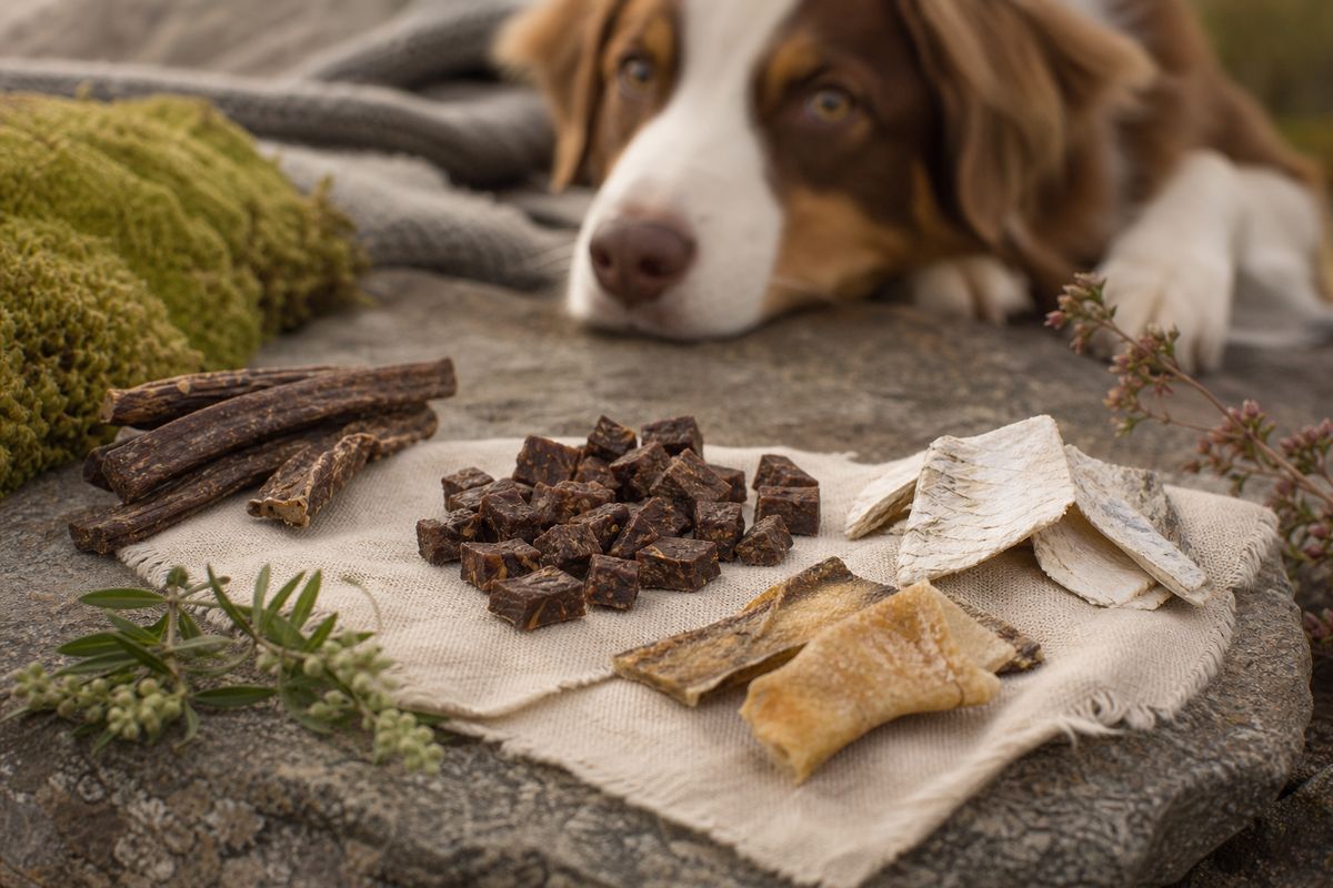 Náttúrulegt hundanammi með hund í mjúkum bakgrunni